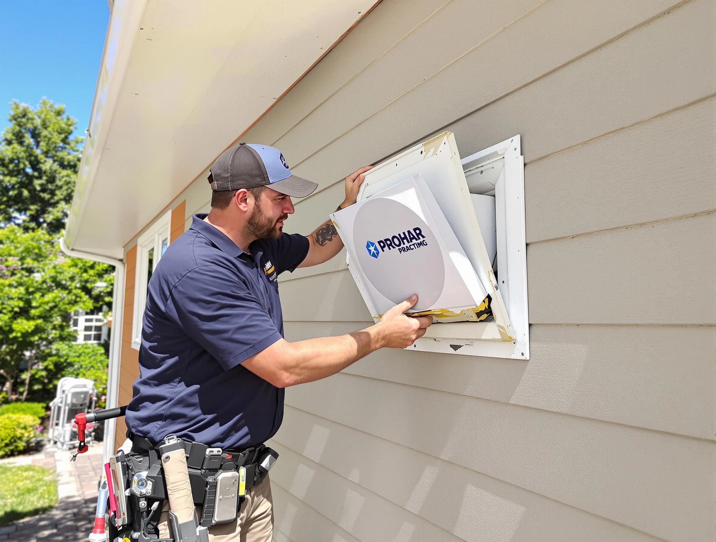 Enon Dryer Vent Cleaning technician installing a new protective dryer vent cover on a home in Enon