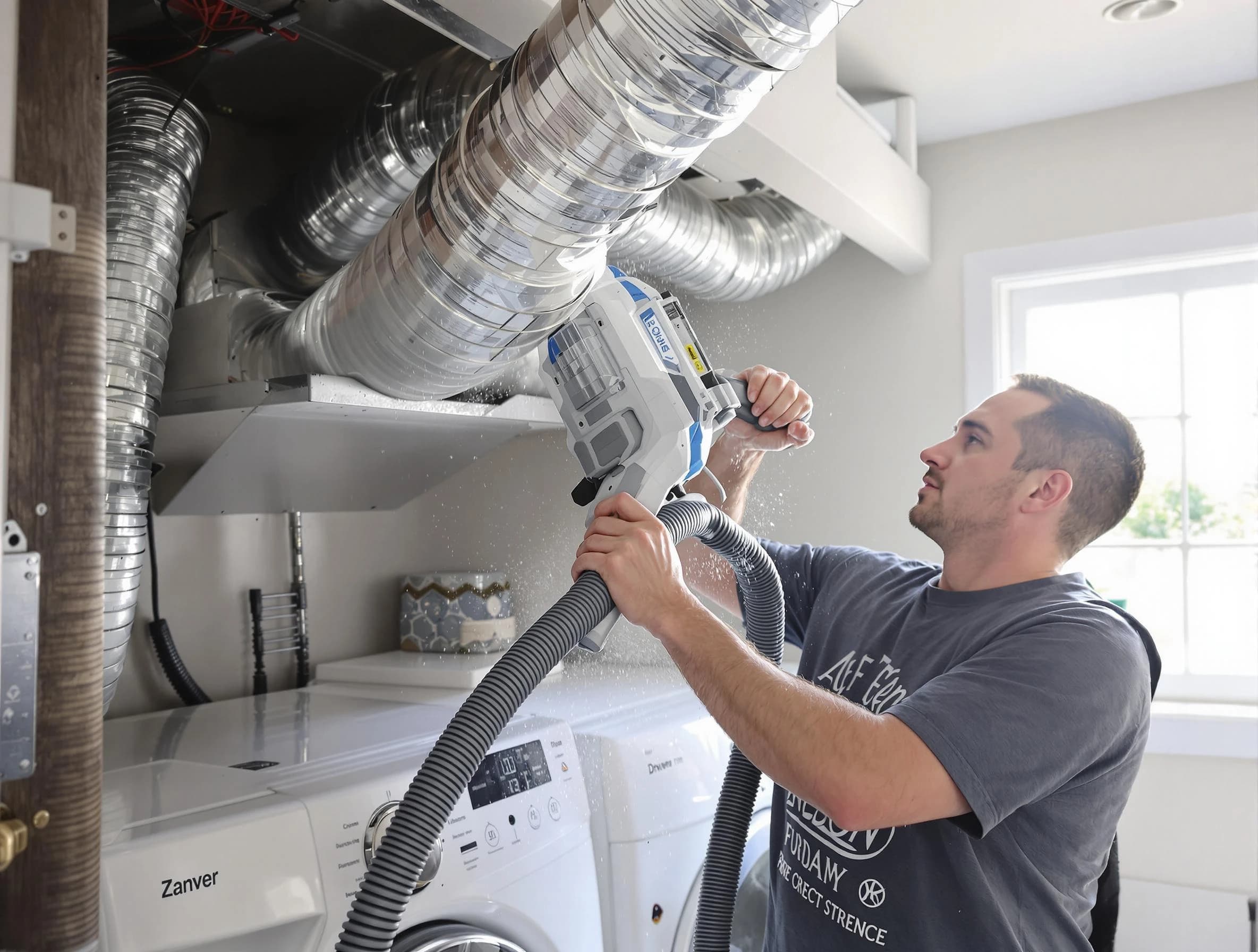 Enon Dryer Vent Cleaning specialist cleaning deep within a dryer vent duct system in Enon