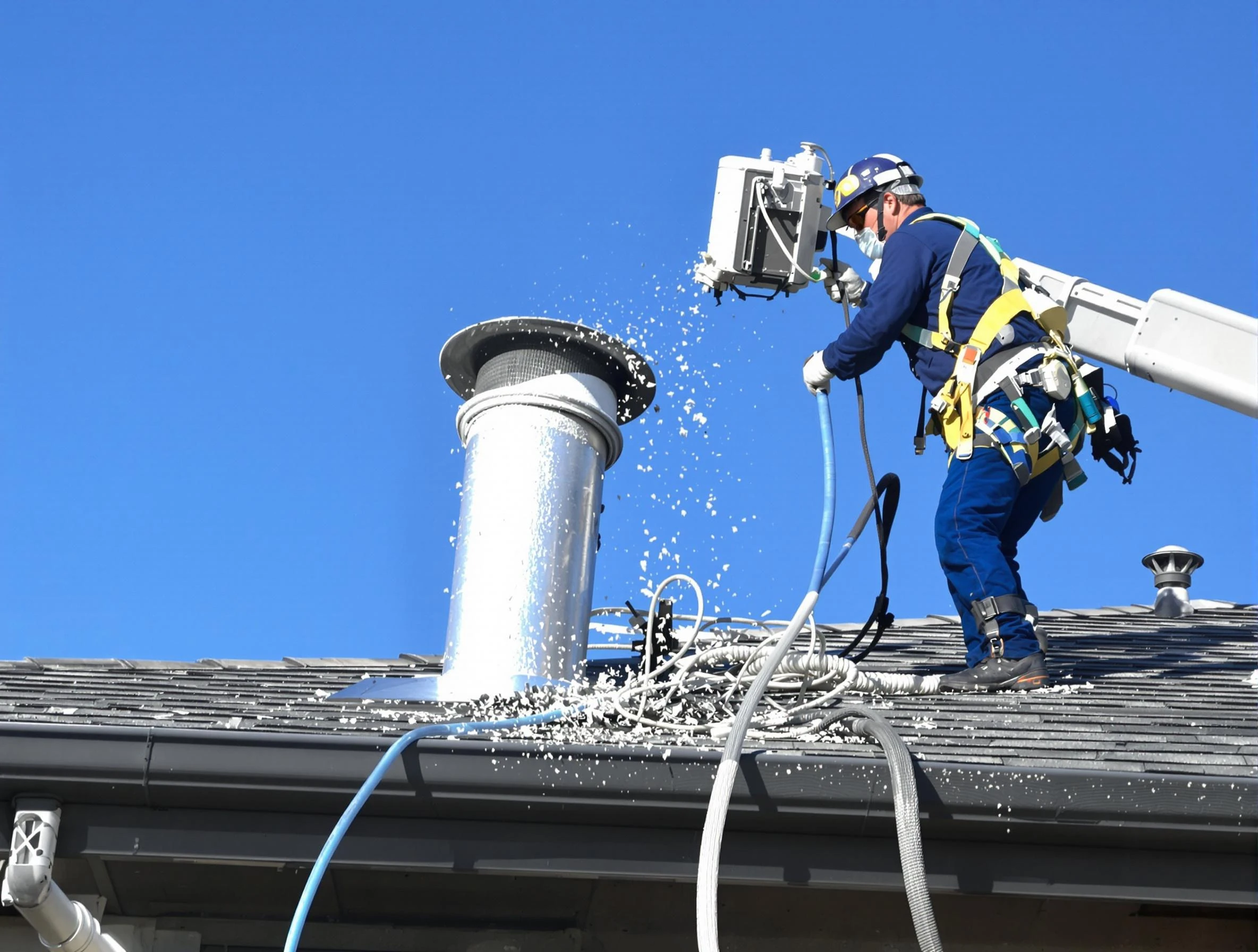 Enon Dryer Vent Cleaning certified technician safely cleaning a roof-mounted dryer vent in Enon