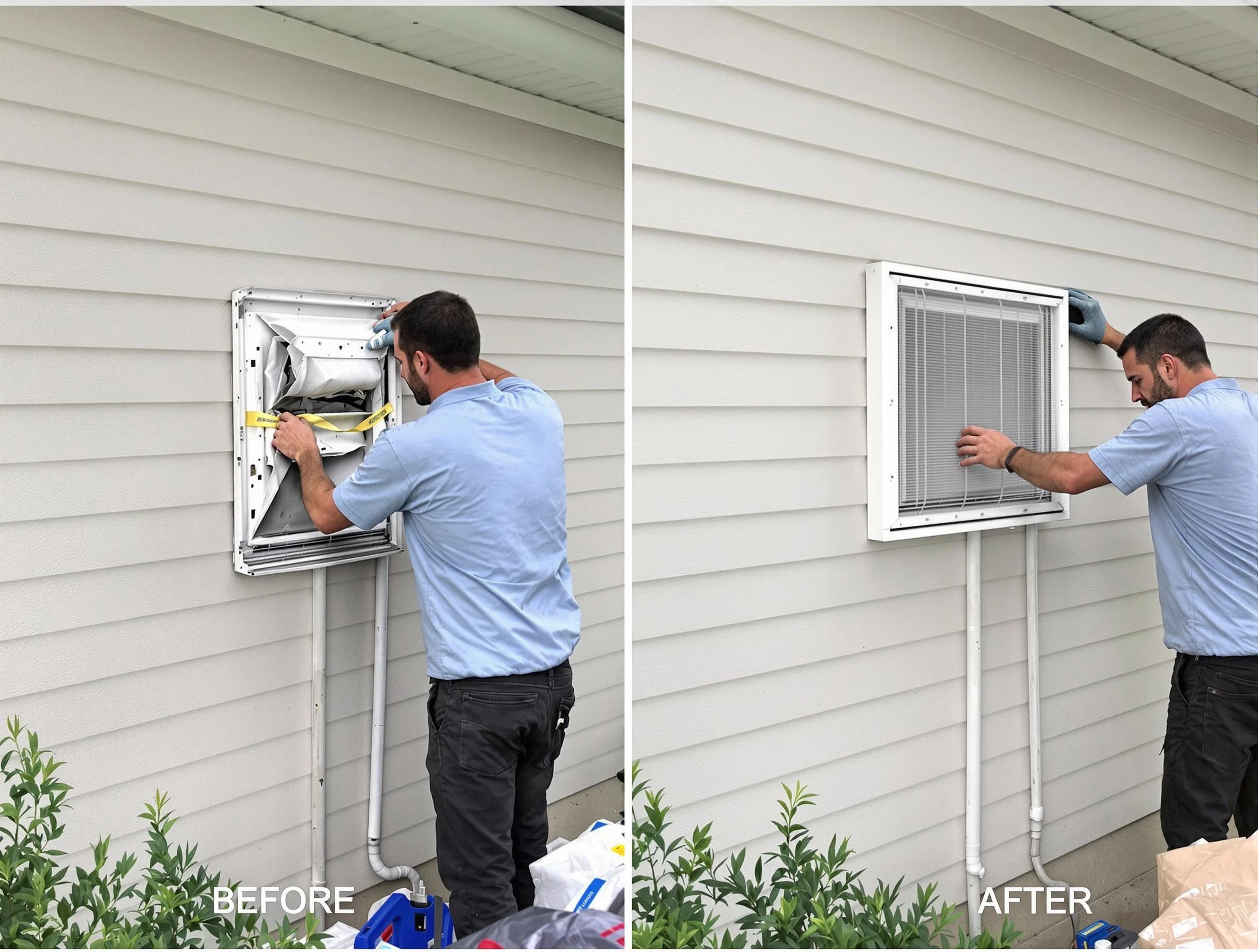 Enon Dryer Vent Cleaning technician installing high-quality dryer vent cover at a residential property in Enon